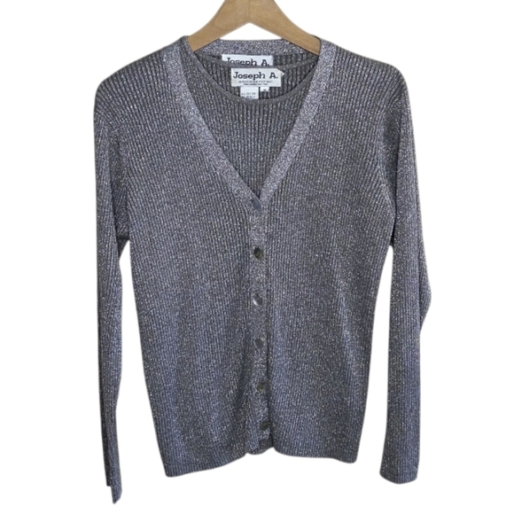 Joseph A Gray Silver Silk Metallic Ribbed Knit Cardigan & Tank Sweater Twinset - Picture 1 of 7